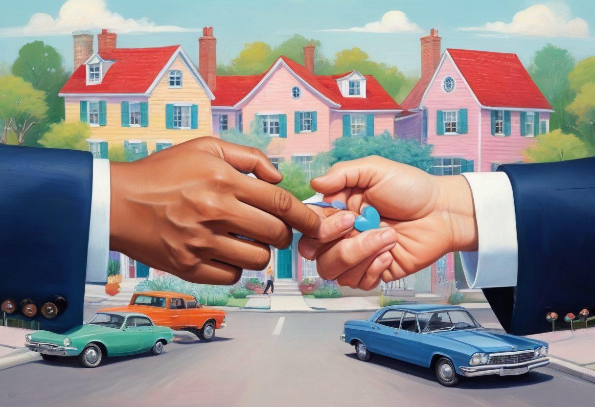 A whimsical illustration of two hands shaking, one dressed in a suit symbolizing insurance policies, and the other gently cradling a heart, symbolizing affection. In the background, soft pastel colors blend together to create a warm, inviting atmosphere filled with subtle symbols of protection and care. The scene is accompanied by lively doodles of houses, cars, and family, representing the various aspects of insurance that foster love and security. painting. vibrant colors.