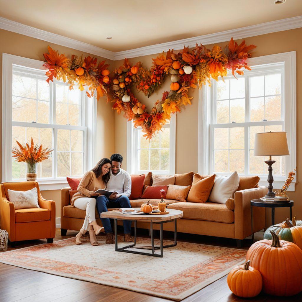 A warm, inviting scene of a couple smiling happily while reviewing insurance paperwork together in a cozy living room adorned with autumn-themed decorations. Outside the window, vibrant fall leaves swirl in the breeze, creating a romantic atmosphere. A heart-shaped collage of various insurance icons subtly blends into the background, representing protection and care. Soft, warm lighting enhances the affectionate vibe. painterly style. warm colors. cozy ambiance.