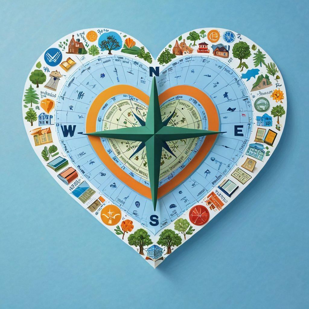 A compass made of insurance symbols like policies, coverage icons, and financial graphs, surrounded by a heart-shaped map that leads to various types of insurance (health, auto, home). The background features a clear sky blending into a vibrant landscape illustrating peace of mind. The colors should be warm and inviting to convey trust and guidance. super-realistic. vibrant colors.